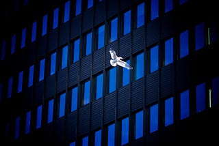 A photo of a dove flying across a building with blue-reflected windows.