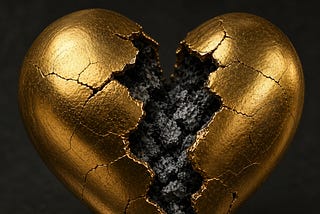 A cracked heart that is gold on the outside and ash on the inside.