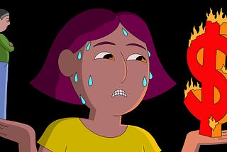 An illustration of a sweaty woman with her hands out, balancing a fiery dollar sign on one and her partner on the other.