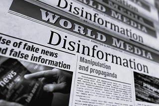Image of a newspaper with headlines like “Use of fake news and false information,” and “Manipulation and propaganda.”