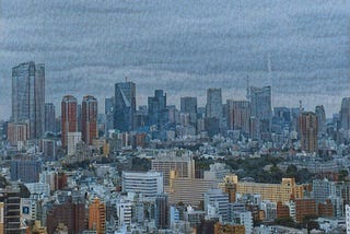 A watercolor style photograph of a city skyline.