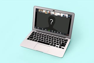 A photo of a Macbook in a Zoom call against a sky blue background.