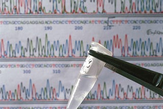 A sequencing chromatograph showing a DNA sequence and a sample of DNA from the human genome mapping project.