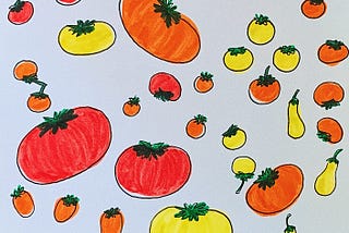 an illustration of tomatoes in different sizes and shapes, colored in with red, orange, and yellow markers