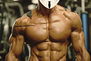 AI-generated image of a shredded model with a face hidden behind a mask