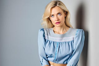 A woman who is stressed wears a pink skirt and a blue blouse. She has blonde hair and blue eyes. She holds her hands down in front of her as a sign of fear.