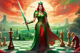 queen wearing a green and red dress holding a sword standing on a chess board at sunset