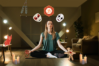 A woman meditates in lotus position on a yoga mat, surrounded by lit candles in a dimly lit living room. Above her floats an Om symbol and two theatrical masks. A red origami fox sits on a side table, with a voodoo doll in her left hand, and a meditation necklace in her right hand.