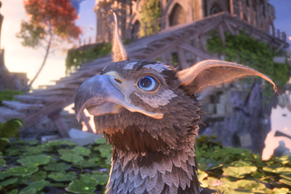 Assan, a cute baby griffin, looks up at the player in Dragon Age: The Veilguard. The swirling dreamscape of the player’s hub sits behind him.