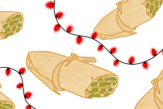 Five tamales verdes and two strands of red Christmas lights floating on a white background.