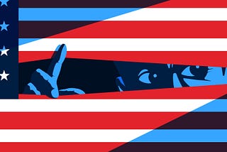 Image of the American flag as a curtain, with a fearful man hiding behind it and looking through it as if he spots an imminent threat.