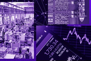 A photo collage of a shipping dock, a graph of a stock market activity, and an automated warehouse