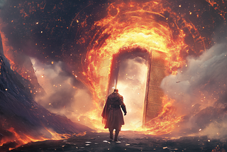 A dramatic fantasy scene depicting a knight known as the Oathkeeper standing before a towering stone door, gripping an iron key. Flames rage through the mountain pass as an enemy army advances, their torches casting eerie light against the gorge’s walls. Nearby, a chained prisoner in torn robes pleads with him to unlock the door, revealing a path beyond the predetermined ending of their story. A tense and symbolic moment exploring fate, duty, and free will.