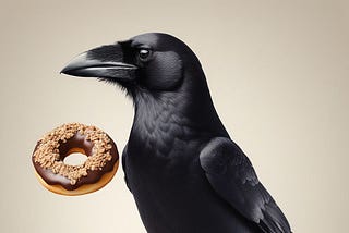 A crow, a doughnut and a walnut