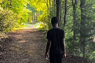 A young boy walks alone along a wooded trail surrounded by tall trees and green foliage. Sunlight filters through the canopy, illuminating the winding path ahead while the child walks away from the camera, creating a quiet and reflective scene.