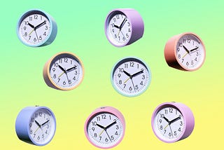 Multicolored clocks falling against a yellow-green gradient.
