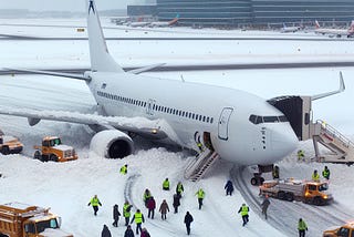 A plane is being off-loaded after leaving the runway in a snowstorm.
