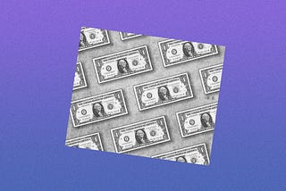 Black and white photo of one USD bills against a purple gradient background.
