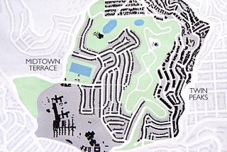 A map of the three neighborhoods in the Twin Peaks area: Clarendon Heights, Midtown Terrace, and Twin Peaks/Upper Market.