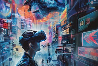 Virtual reality world with dragons, space ships, and a Blade Runner-esque futuristic city while a user wears VR gear in the foreground, brand immersion, brand marketing, immersive marketing, interactive media | Dane O’Leary Media
