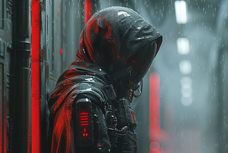 A cyborg with a black hooded cloak on stands guard in a futuristic experimental lab.