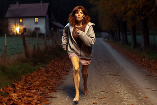 Scared woman running down a dark country road at night, illuminated by a street light