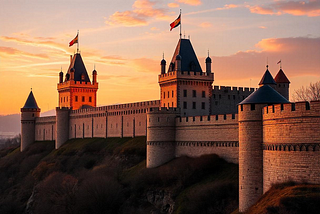 medieval city walls, golden walls, grand turrets, dawn light