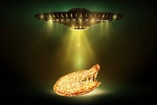 A UFO hovering over a cheese pizza.