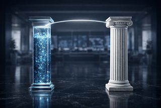 A conceptual architectural render of a bridge between digital liquidity and traditional banking, symbolizing the 2026 stablecoin infrastructure