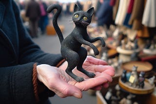 Digital illustration of a realistic 3D black cat with bright yellow eyes, standing upright on its hind legs, playfully raised in a human’s open palm against a blurred background of an outdoor flea market.