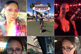 a collage of selfies of Karen Falcon in her taxi, at the Las Vegas sign, in her sound studio and being silly