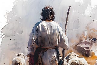 An AI-generated image of the rear view of a dark-haired man wearing a long white robe and holding a thin staff walking over rocky terrain with sheep at his side.