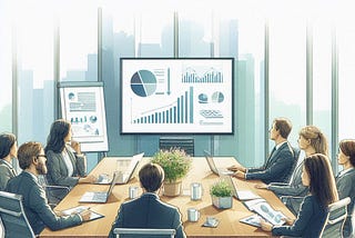 Eight people sit around a conference table viewing a PowerPoint presentation with charts. There are plants on the table and a whiteboard off to the side.