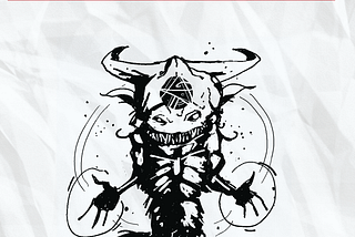 Page 125 of Index Card RPG: Master Edition. The page header reads: “Monster Tables”. The majority of the page features a floating demon-like monster with an enormous head with a magic sigil on its forehead. The creature as bull-like horns, three-fingered hands — with magic auras around them, and a tail. At the bottom is an index card with text that reads: “To randomly select monsters, their tactics, abilities, and oddities, turn to the tables section at the end of this book!”