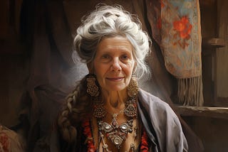 “Beautiful old woman by Alexandr Averin” [Midjourney-generated faceswap prompted by the author]