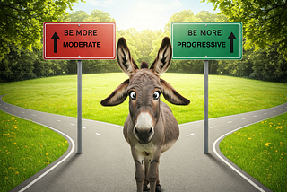 An AI-generated image of a donkey (representing the Democratic Party) standing at a crossroads. Pointing in one direction is a sign saying “be more moderate” and pointing in the other direction is a sign saying “be more progressive”. The donkey stands at the intersection and looks confused.