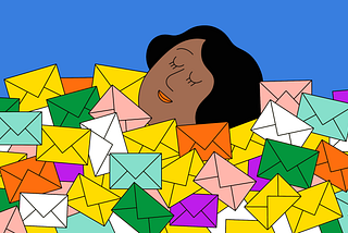 An illustration of a woman looking perfectly content, while being buried in a ton of letters.