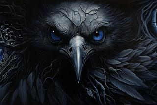 A raven with bright blue eyes is in the center. On the sides, there are circular designs with stars inside. The black background pattern blends with the bird’s feathers. The whole image has a dark and mysterious feel.