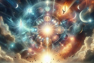An AI-generated image of the silhouette of a man walking down a ramp into the ocean while ahead of him is a flock of birds and in the sky a radiant light surrounded by planets, stars, clouds and mystical symbols.