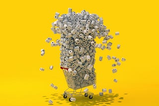 An illustration of hundreds of toilet paper rolls stacked up in a single shopping cart.