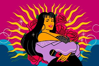 An illustration of Selena. She is posing in front of a sun and roses against a bold colorful background.
