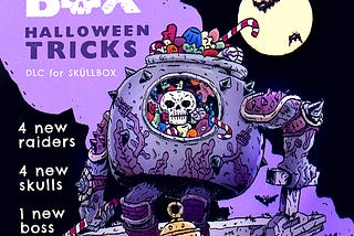 Cover to Skullbox: Halloween Tricks. Features an animated giant candy bowl, the Candybox, with a hole from with to see the skull inside. Candy spills out the top. The bowl has thick and armored arms and legs. It’s colored in violet and indigo hues. It sits on a coffin behind an unaware raider, wearing brassy armor with a sword and shield. Headstones and pumpkins are on the ground. Bats are seen against a full moon.