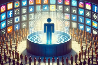 A digital echo chamber with many people standing around an idol representing the group ideology. The walls are made of social media logos.