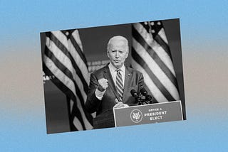 Black and white image of Joe Biden giving a speech against a blue and silver background.