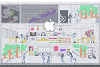 An illustration of an Apple Store with different screening rooms portraying a new movie watching experience.