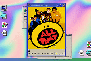 All That cast and logo on a Windows 95 desktop with a rainbow gradient background.