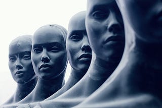 A photo of five sculpture-like human faces.
