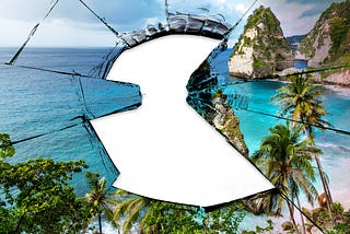 A photo illustration of a beach view of Bali shattered like glass with a giant hole in the middle.
