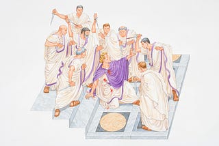 An illustration of Julius Caesar collapsed, wounded, amidst a group of Romans brandishing daggers.