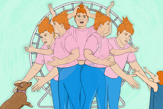 5 stages of a person holding their arms out to a puppy on the left side of the image, to standing straight with their hands on their head in the center, to holding their arms out to a toddler at the right side of the image. In the background is a huge metal hamster wheel.